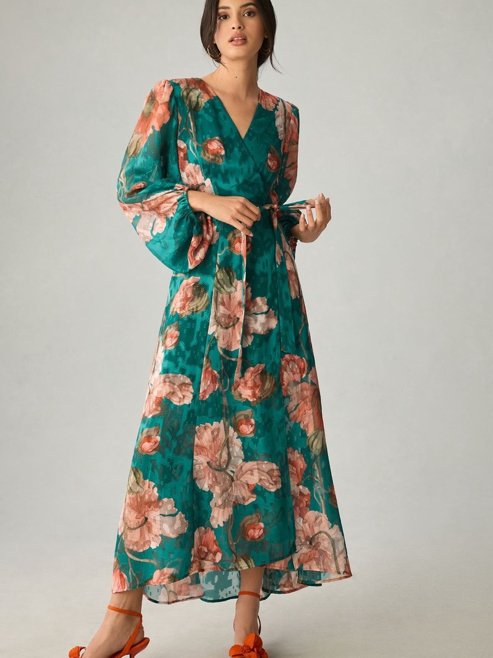 Anthropologie Hutch V-Neck Textured Floral Wrap Maxi Dress with Puff Sleeves